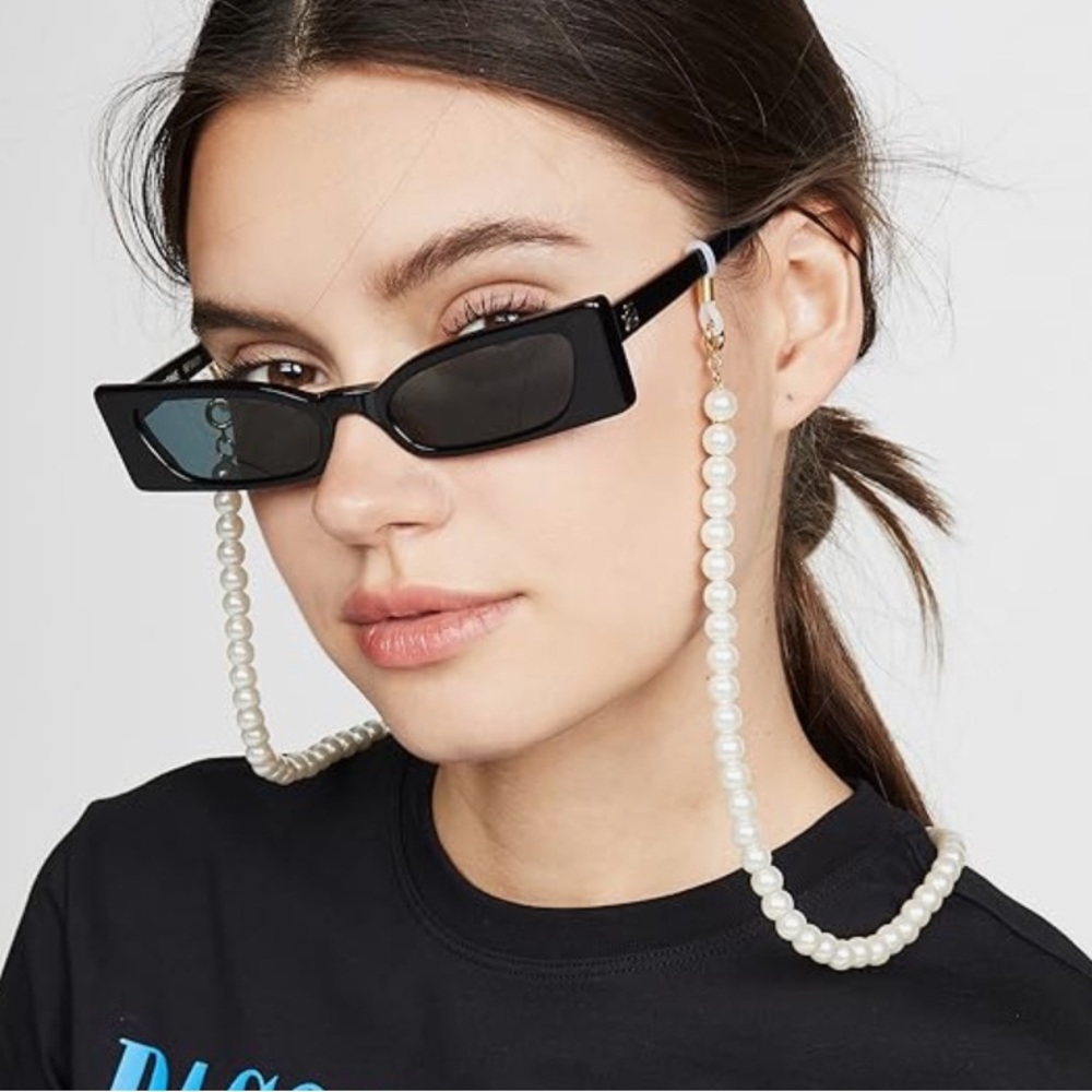 Lele Sadoughi Black Sunglasses with Pearl Chain